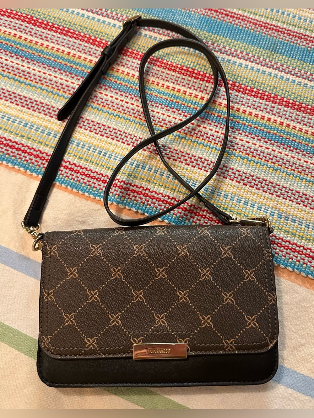 Nine West Brown Logo Print Crossbody Wallet Purse Adjustable Removable Strap